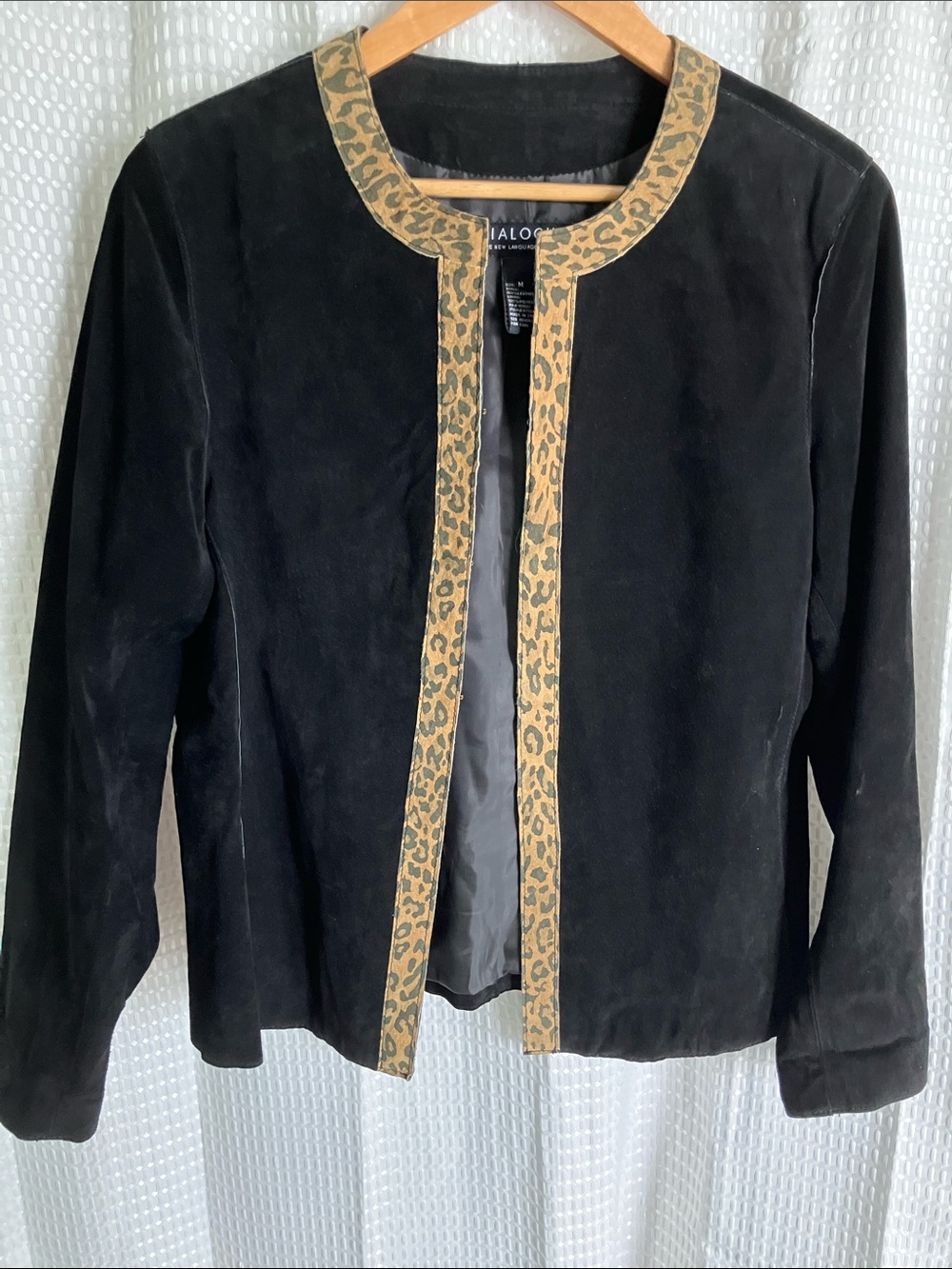 Dialogue QVC Genuine Suede Leather Jacket Size M Black Leopard Trim Washable